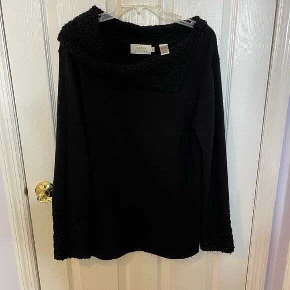 Dana Buchman XL Sweater Merino Wool Black Asymmetrical Yoke - Picture 2 of 9